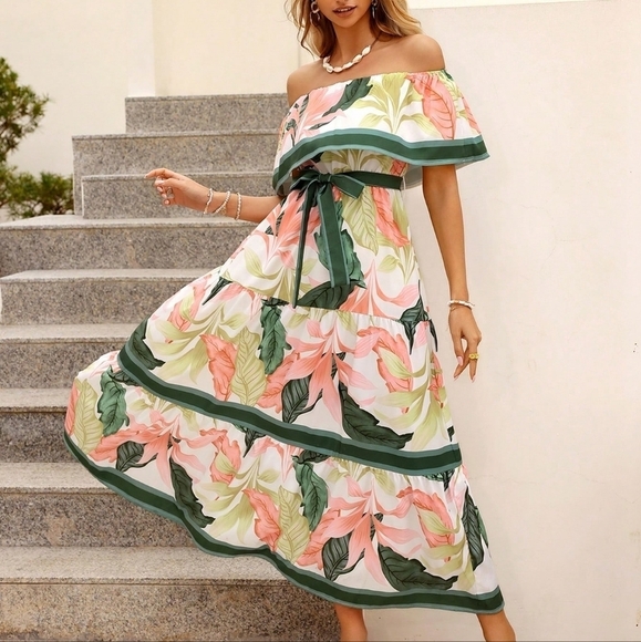 Color Block Striped Plant Printed Off Shoulder Dress - Picture 7 of 7